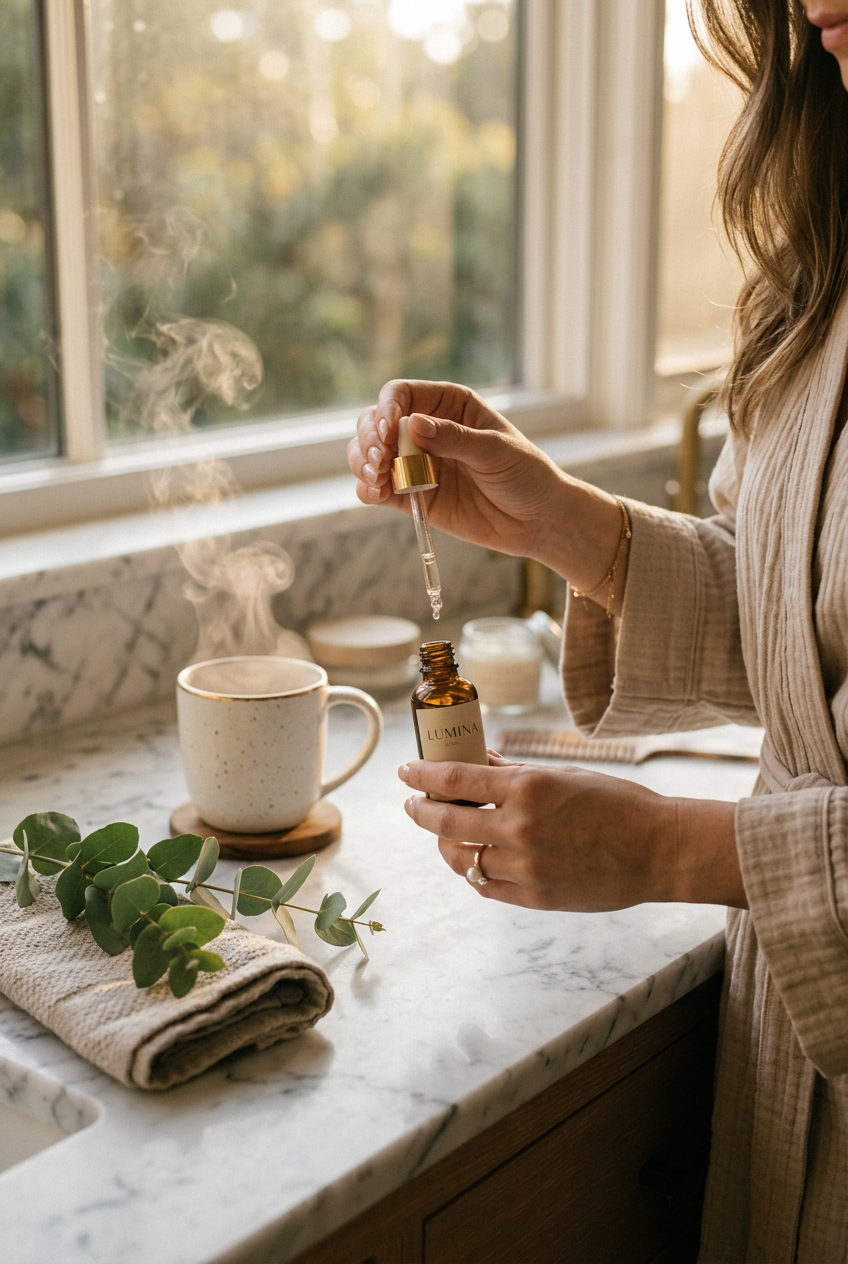 Ochtendritueel met serum, eucalyptus en warm licht